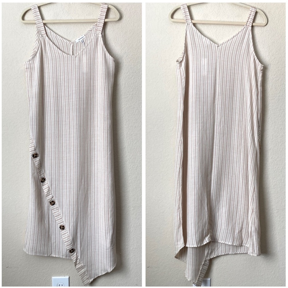 Linen Blend Striped Asymmetrical Button Midi Dress Eyeshadow